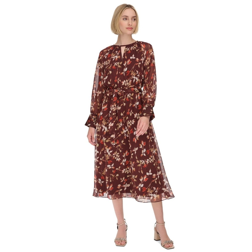 $139 Calvin‎ Klein Women's Size 6 Brown Floral Round-Neck A-Line Midi Dress